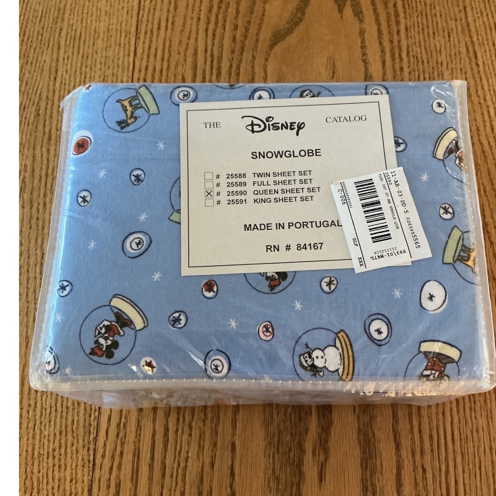 Disney Catalog Snowglobe Flannel Queen Sheet Set Mickey Pluto Blue Portugal NEW